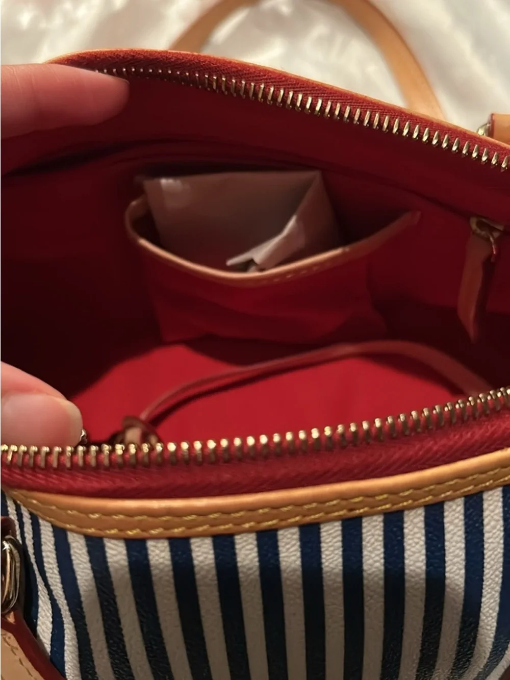 Dooney & Bourke Blue and White Striped Satchel with Tan Trim